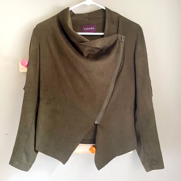 Vigoss Faux Suede Waterfall Zip Moto Jacket in Olive Green - Picture 1 of 8